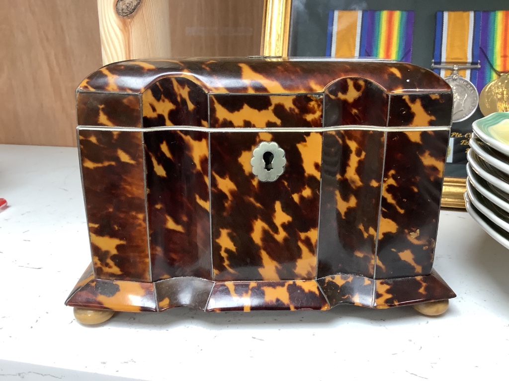 A 19th century tortoiseshell and ivory tea caddy, width 8.5cm height 11cm